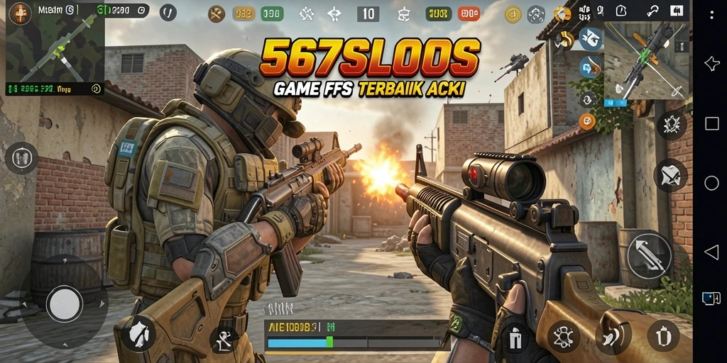 Tangkapan layar gameplay 567SLOTS dengan aksi menembak yang intens.