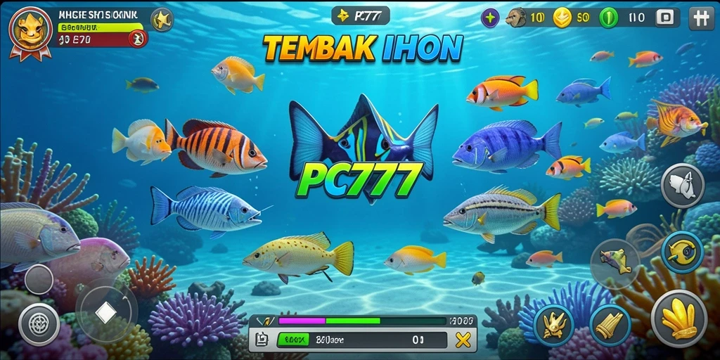 Tangkapan layar gameplay PC777 menampilkan aksi menembak ikan yang menarik.